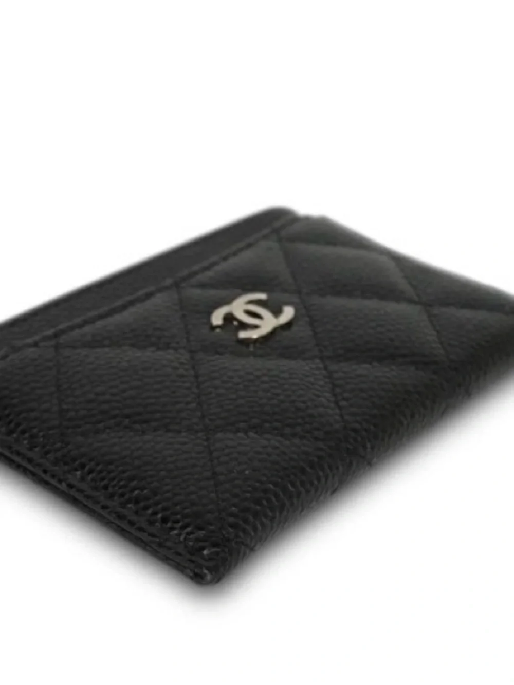 CHANEL Black Quilted Caviar Leather Card Holder with Silver CC logo